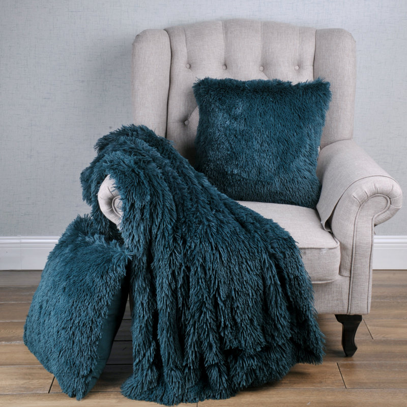 Jeté à poils longs avec 2 housses de coussin, l 50 po x L 60 po, Bleu sarcelle