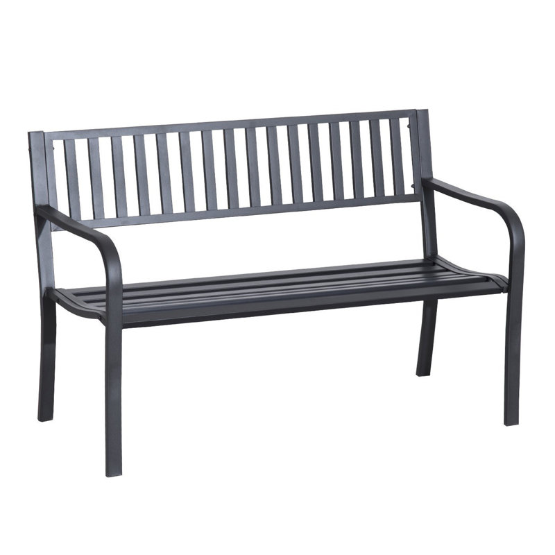 50" Black Metal Garden Bench, Patio Seat With Slatted Surface For Backyard, Poolside, Lawn. Stable & Weather-, Ergonomic Two, Easy To Clean Every Once In A While Outdoor Garden, Construction, Comfort