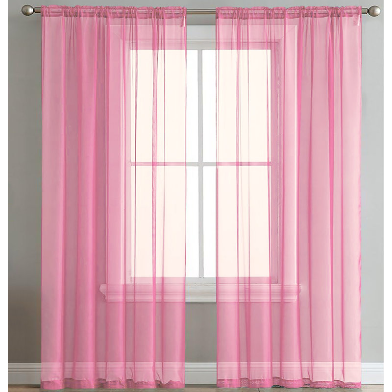 Sheer Window Rod Pocket Curtain Set 84" Inches Long (2 Panels), Light Pink