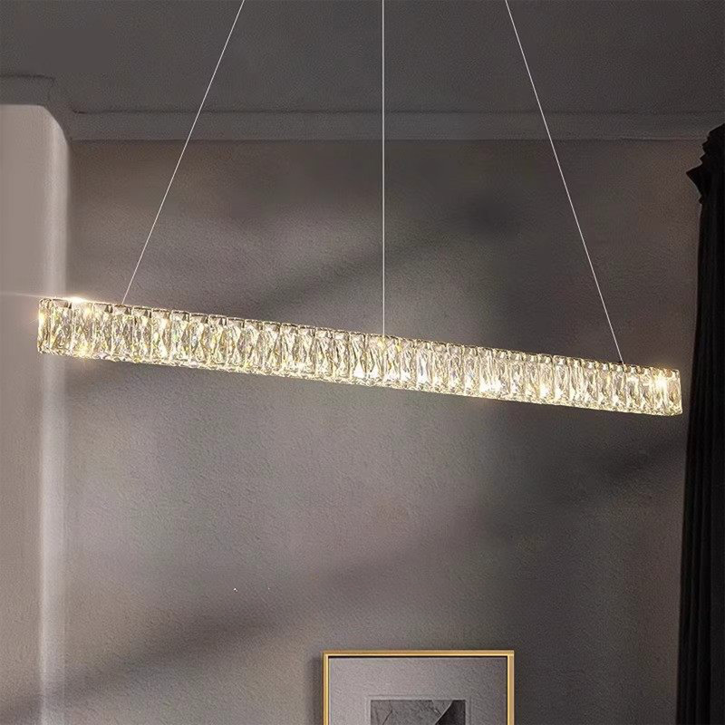 Luminaire suspendu de luxe linéaire en cristal pour salle à manger, luminaire suspendu à DEL tricolore à intensité variable pour îlot de cuisine et bar
