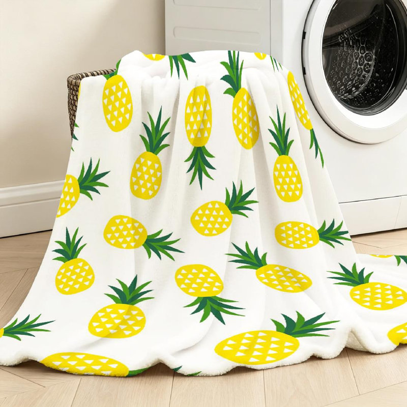 Jeté en flanelle verte très douce, ananas jaune avec imprimé recto, Throw 50" x 60"