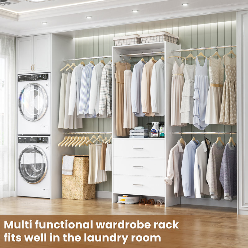Closet Organizer With 3 Wooden Drawers And 4 Hanging Rods