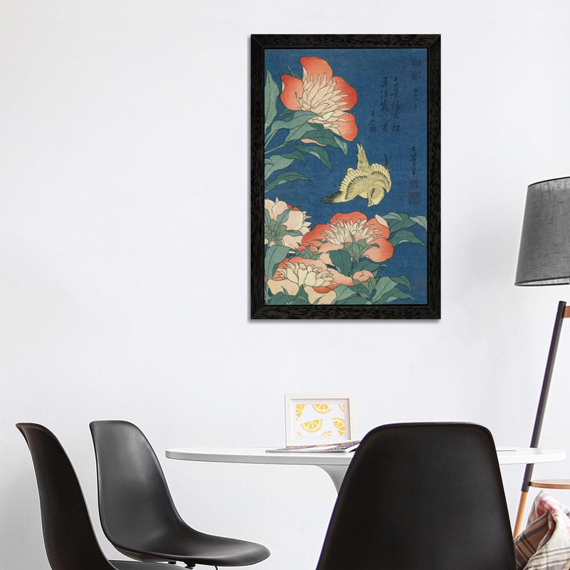 Peonies And Canary, C.1833 by Katsushika Hokusai - Floater Frame Painting on Canvas, 101.6 cm H x 66.04 cm W, Black Framed