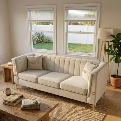 Vertical Channel Tufted Velvet Sofa with Pillows