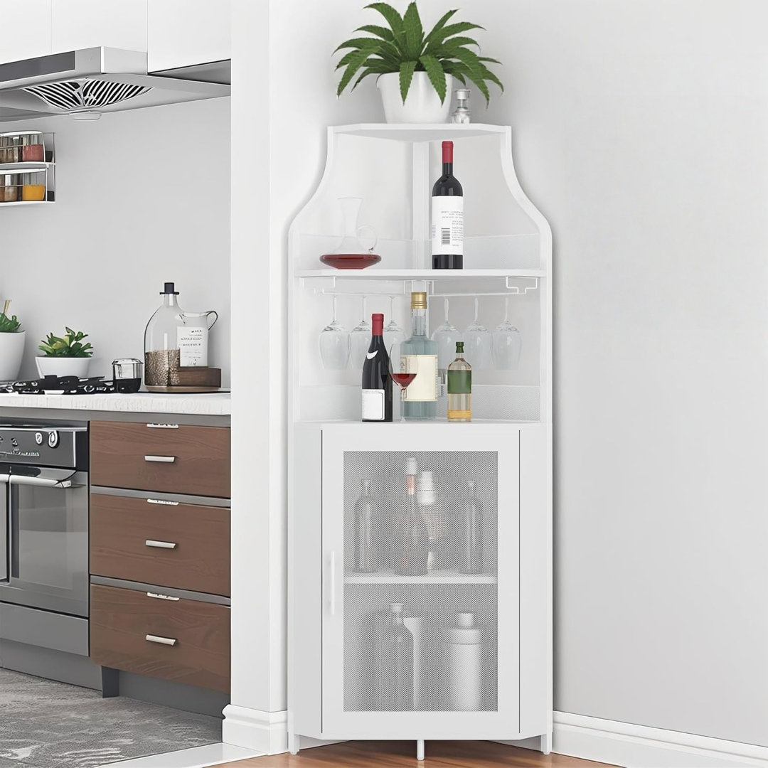 4-Tier Corner Bar Cabinet Freestanding Wine Storage Sideboard with Doors and Glass Holders Adjustable Shelf for Home Bar Kitchen Living Room