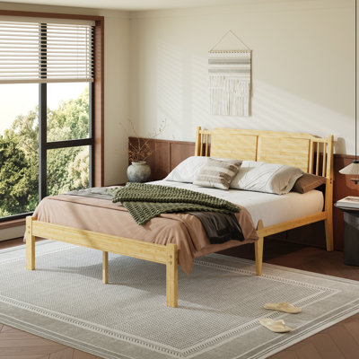 Queen 14" Heavy-duty Solid Wood Bamboo Platform Bed Frame With Headboard， No Box Spring Need, Easy Assembly