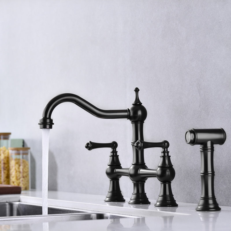 Bridge Dual Handles Kitchen Faucet In Matte Black, With Pull-Out Side Spray, Brass, Rust, , 360-Degree Rotating Coherent Nozzle Faucet, Black Flowing