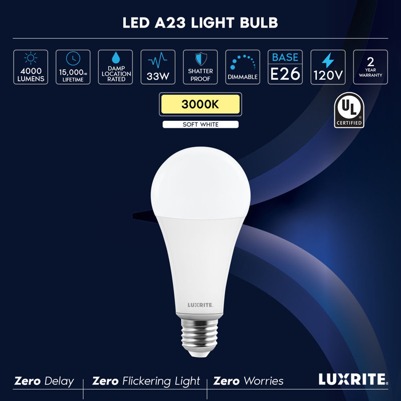 Ampoule DEL Luxrite, 33 W, ampoule à culot E26, 4 000 lM, intensité variable, faisceau de 240 °, IRC 80, résistance à l'éclatement de 120 V, homologuée UL, ensemble de 2