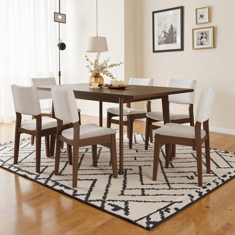 7-Piece Dining Table Set With Stackable Chairs Solid Wood Legs & MDF Tabletop, 7 Pieces: Table, 6 Chairs, Dark Walnut