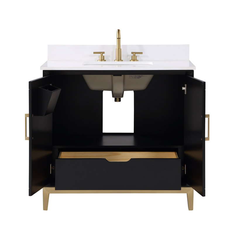 Gracie 36'' W Single Vanity, Midnight Black, White Quartz, Satin Brass
