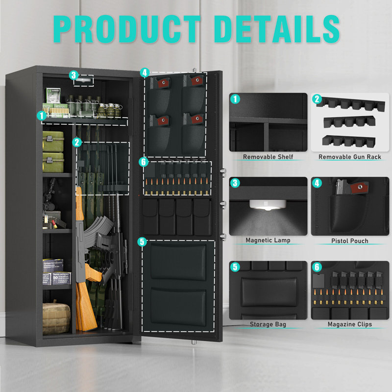 15-20 Gun Safe, Large Gun Safe for Pistols, Unassembled Safe with Adjustable Shelf & Gun Rack, Gun Safe for Home and Shotgun, Quick Access Gun Cabinet with Mute Function & Dual Alarm