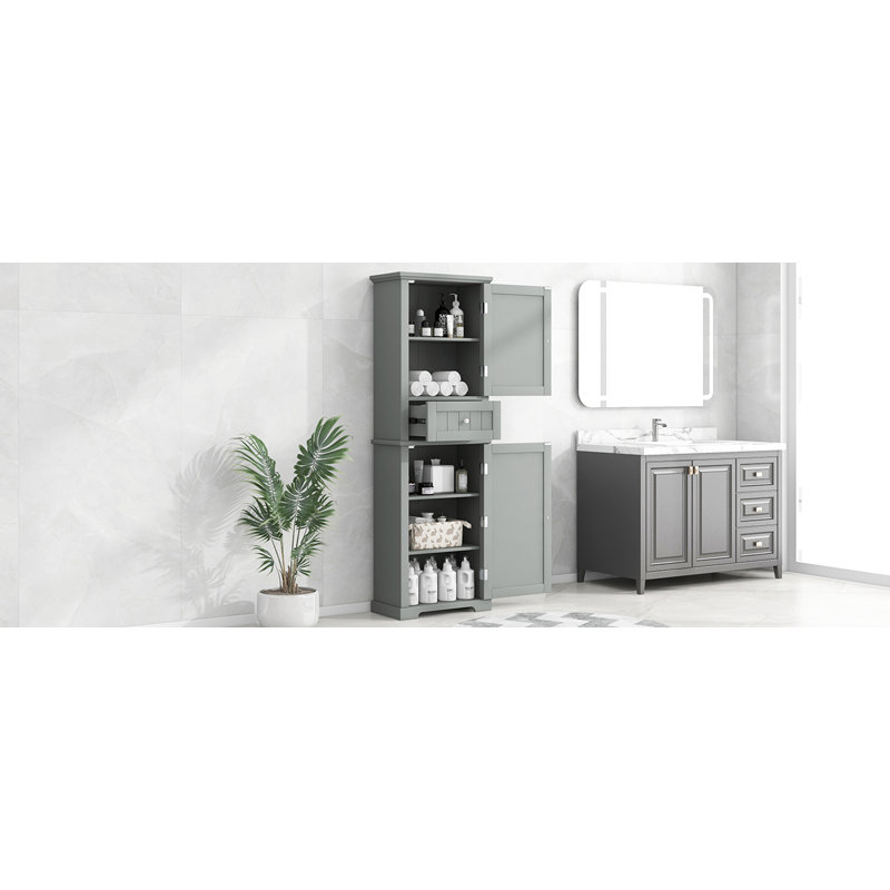 Grande armoire de rangement pour salle de bain, armoire de rangement autoportante avec tiroir et tablette réglable, panneau de fibres à densité moyenne avec finition peinte, gris