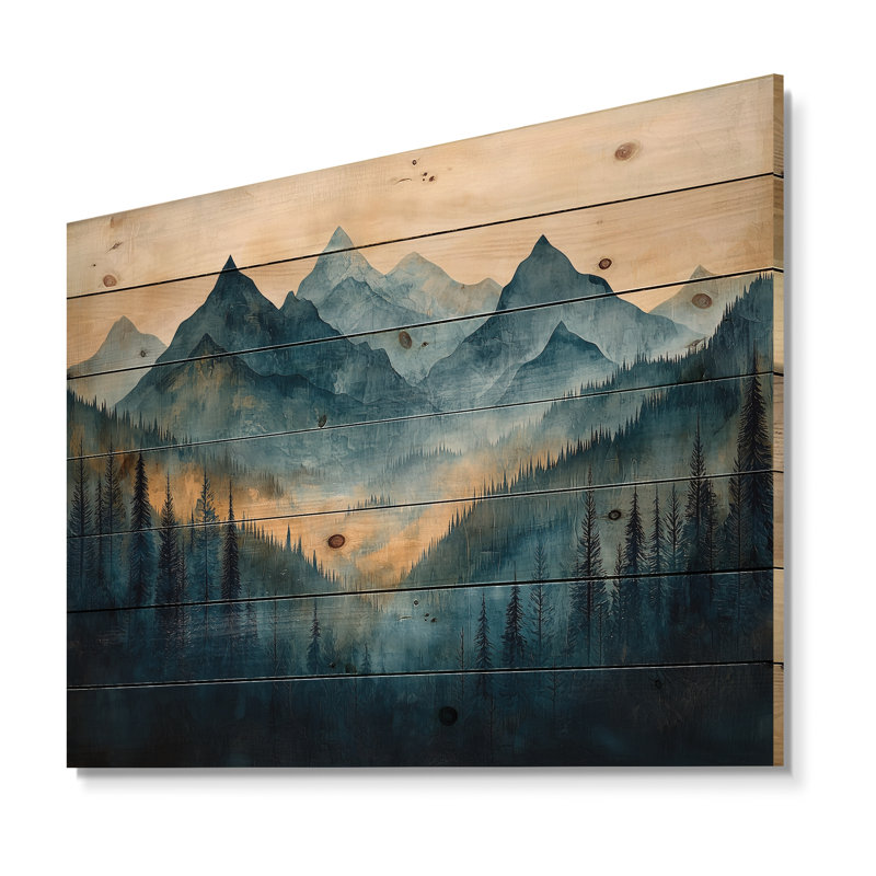«Mountains Natures Layers In Blue Winter II», impression de paysage de montagnes - sur bois de pin naturel