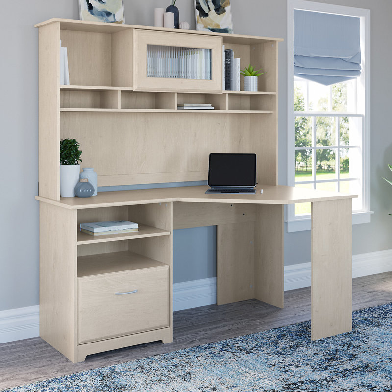 Bureau d'angle réversible avec clapier Ozro, Chêne blanc lin