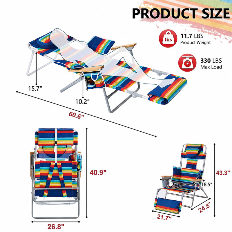 Chaise de plage pliante avec sac à dos avec parasol réglable, dossier et repose-pieds, fauteuil de bronzage inclinable pour la plage