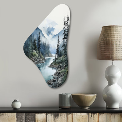 Grey Blue Minimalism Forest Reflections II - Minimalism Boomerang Shape Asymmetric Metal Wall Art
