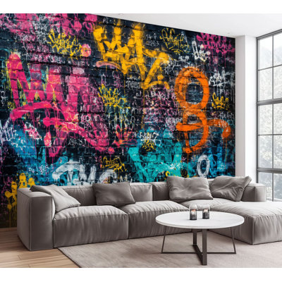 Wall Mural Peel and Stick Wallpaper Vibrant Urban Graffiti Art Neon Colors Abstract Patterns Self-Adhesive Removable Contact Paper Wall Decor for Living Room Bedroom 100"H x 144"W