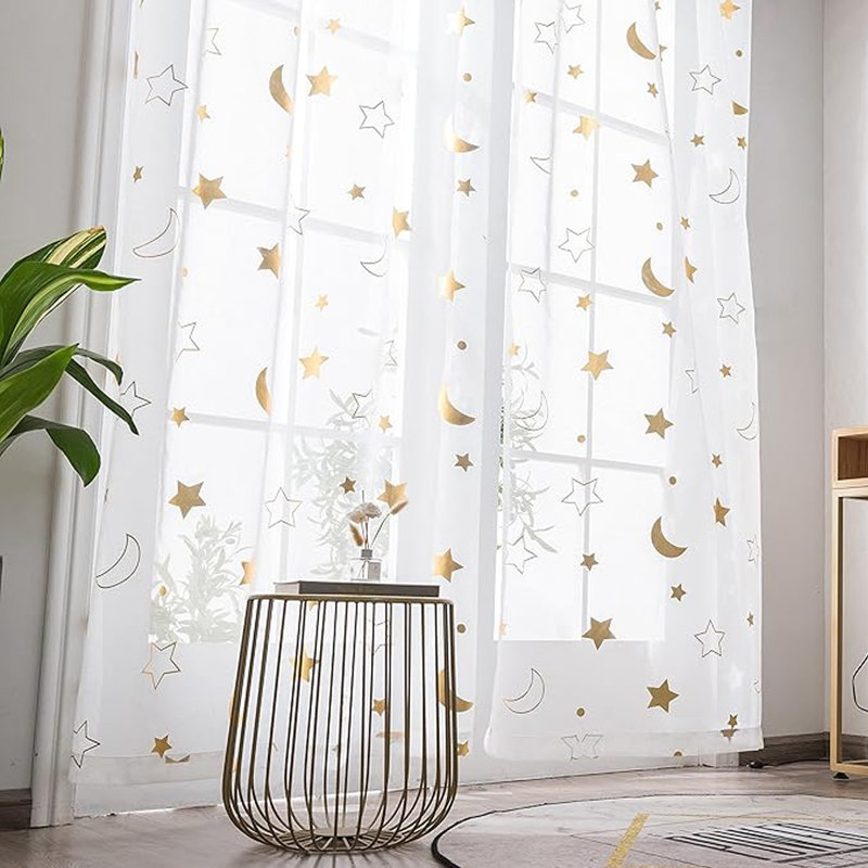 Star Moon Sheer Curtains For Nursery Bedroom - Galaxy Space Theme - Light Filtering Gold Foil Print - Set Of 2 Panels - 39.3X51.18In