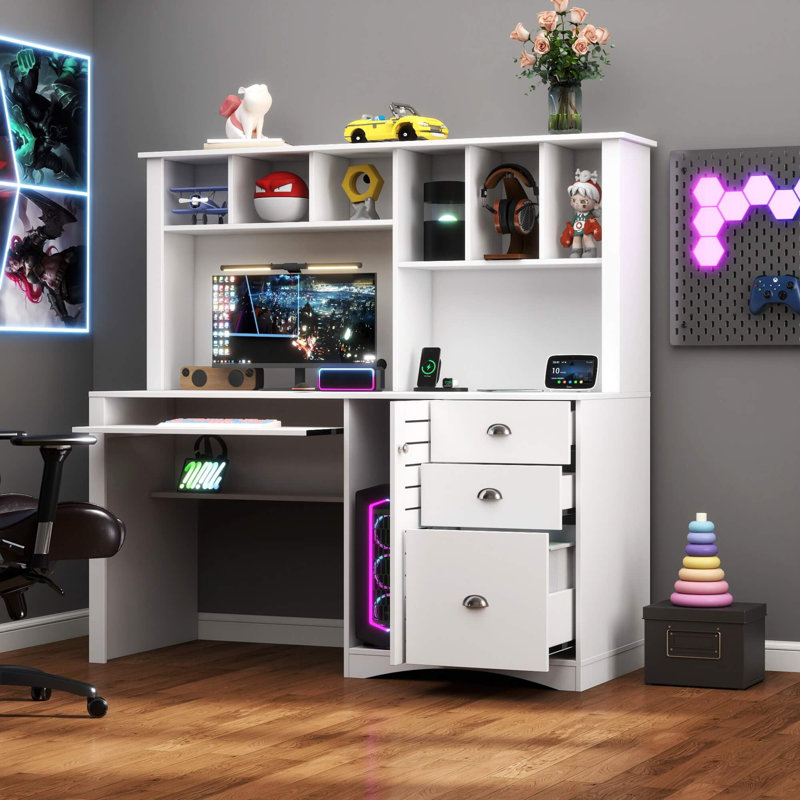 Bureau d'ordinateur 59 "avec huche et rangement, blanc antique 59", Blanc