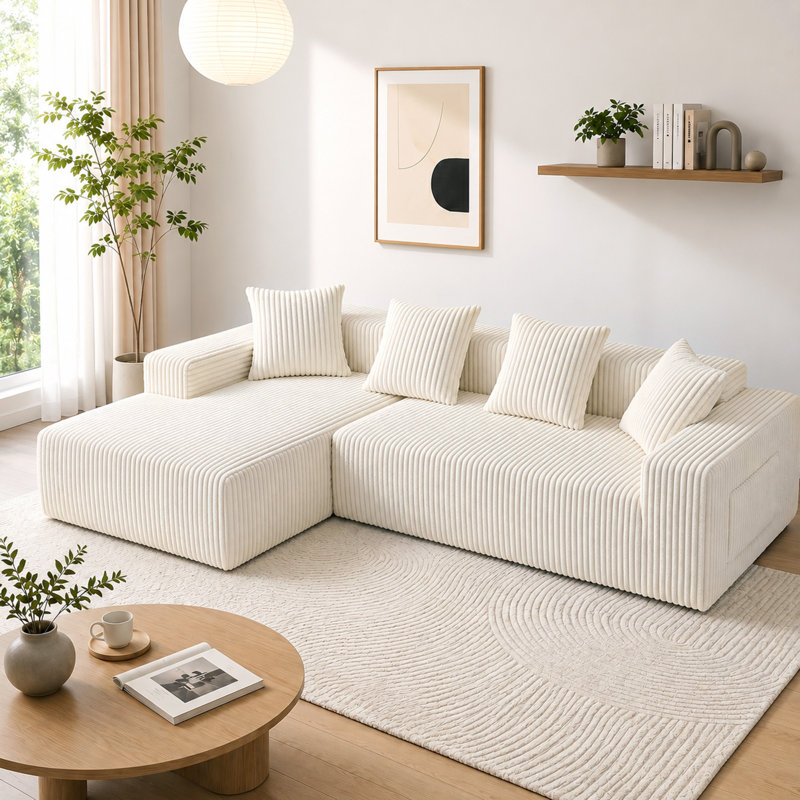 3 Seater Corduroy Sofa & Chaise, Beige, Left Hand Facing
