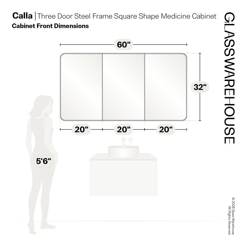 Three Door Steel Frame Square Shape Medicine Cabinet, Satin Brass