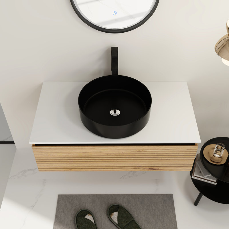 Meuble-lavabo de 36 po avec lavabo en céramique Art Black et tiroir à fermeture en douceur, design moderne chic, couleur café, matériau en contreplaqué, poignées de tiroir biseautées à extension aux 2/3,