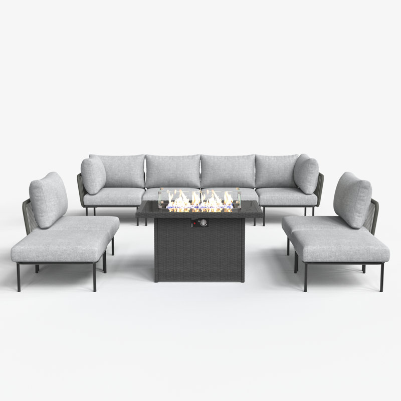 Ebern Designs 9 Pieces Aluminum Patio Furniture Set, Modern Modular Sectional Sofa with Fire Pit Table and Upgrade Thickness Cushion