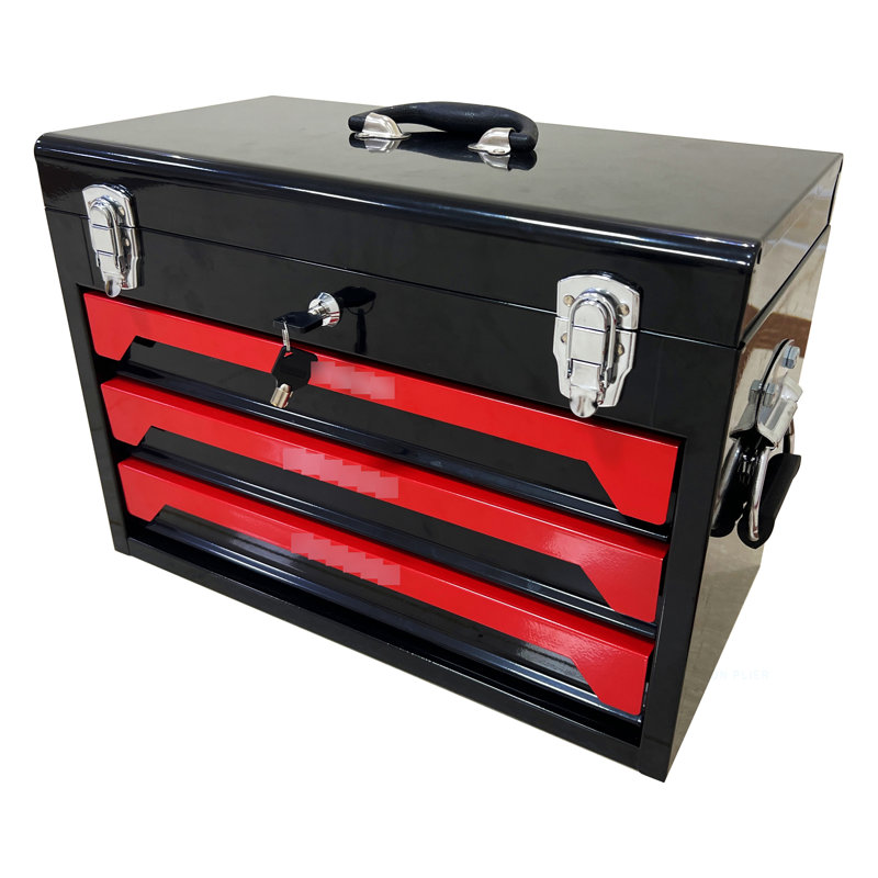 Boîte à outils 20 po 3 en acier avec outils, noir et rouge, usure, métal, plateau de rangement supérieur, poignée de transport pour le garage, la maison, trousse portative pour utilisation sur poste de travail et glissière à roulement solide, utilisations multiples