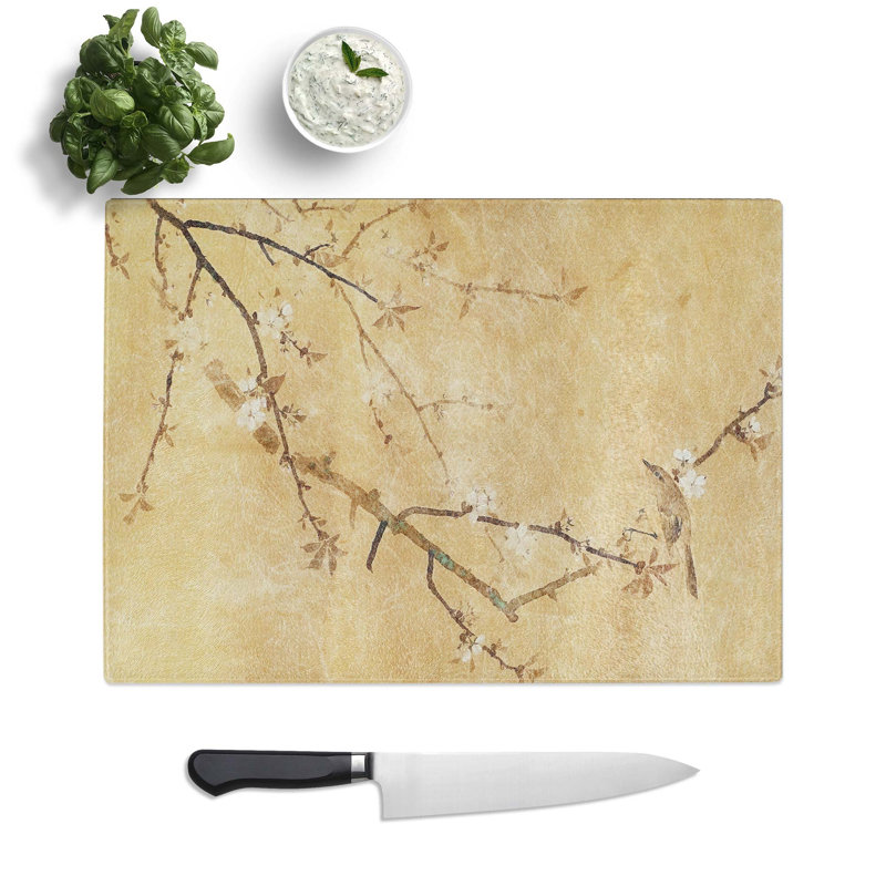 Tempered Glass Bird on Cherry Blossoms Chopping Board, 39 cm W x 28.5 cm L