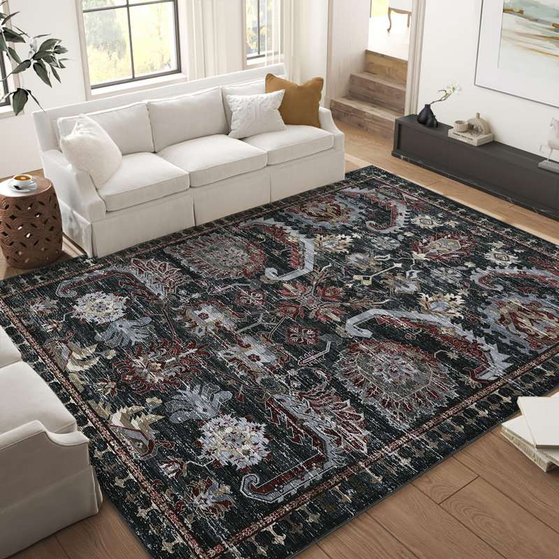 Oriental Machine Washable Rug with Rubber Backing for Living Room Vintage Non-Slip Dining Room Rug Floral Printed Faux Wool Rugs for Bedroom Floor Carpet for Office Nursery Playroom