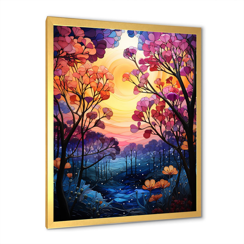 Auvent forêt mauve et rose, H 32 po x l 16 po x P 1 po, Cadre doré simple