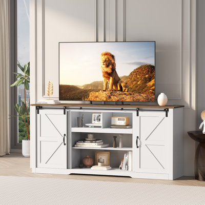 Meuble audio-vidéo Farmhouse pour téléviseur de 80 po - Meuble télé 70 po avec portes de grange coulissantes, prises de courant et tablettes de rangement réglables - Console rustique brune et blanche pour le salon