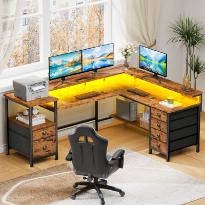 L-Shaped Computer Desk With Led Lights And Power Outlets, Gaming Desk With Monitor Stand,Home Office Writing Desk With 5 Fabric Cabinet And 1 Fabric F by Wrought Studio