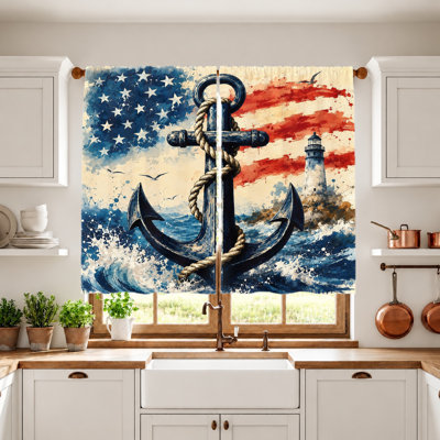 2Pcs Nautical Anchor American Flag Lighthouse Curtains, Light Filtering Fabric, Artistic Ocean Wave Print, Sunshade and Privacy Protection, Rod-Pocket Design, Suitable for Living Room, Bedroom, Balcony Home Decoration