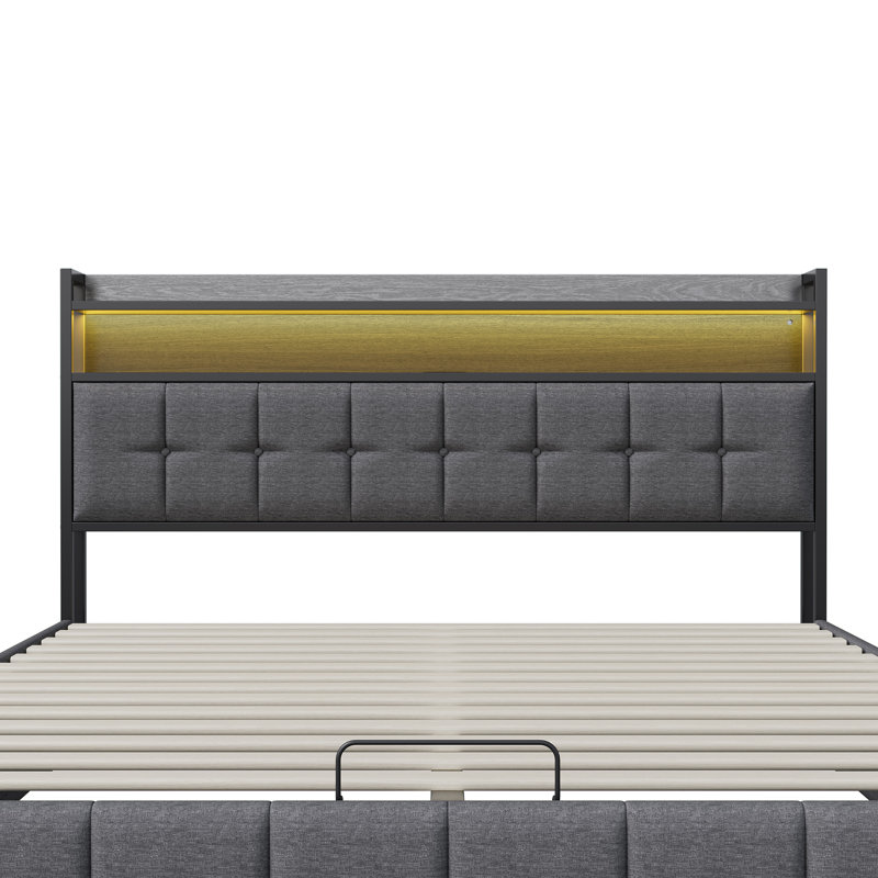 Ottoman Storage Bed With LED Headboard & USB-C Port, European Double & King Size Industrial Frame, Grey Linen