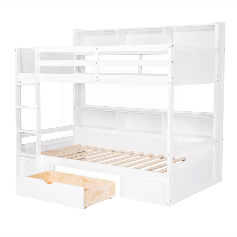 Structure de lit superposé en pin massif simple sur simple avec tablettes latérales intégrées et tiroir de rangement sous le lit, finition blanche