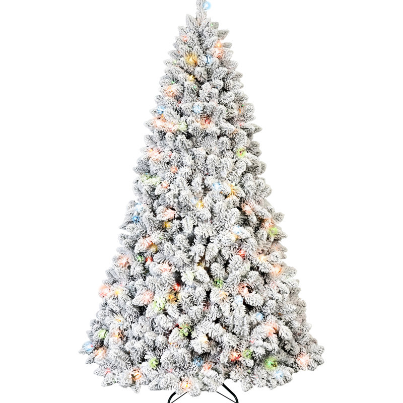 Arbre de Noël de 4 pi avec apparence floquée, 150 lumières Ul colorées, 21 pins, 366 pointes enneigées, structure à charnières pour une installation sans effort et configuration de base en métal stable,