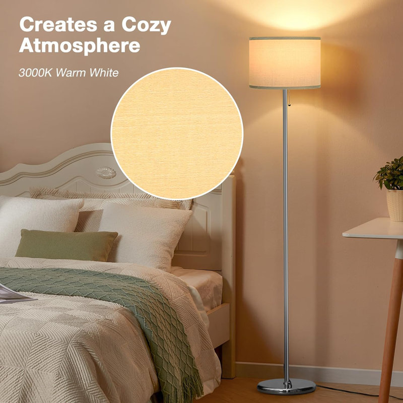 Floor Lamp For Bedroom, 3 Color Temperature LED Floor Lamp With Pull Chain Switch, Modern Standing Lamps For Living Room, Office, Kids Room, Reading(Bulb Included, White Shade)