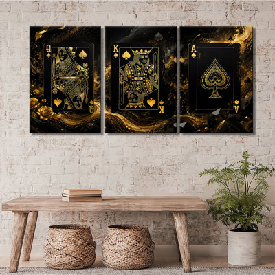 Set of 3 Luxury Gold Poker Canvas Prints, Black Background Golden Spade Q K A Card Marble Liquid Gold Modern Bar Wall Decor