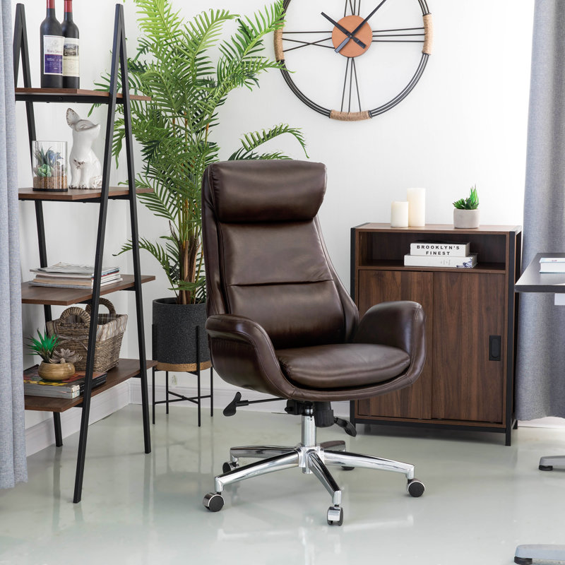 Corjan Mid-Century Modern Gas Lift Swivel Executive Chair or Office Chair with Headrest, Coffee, Silver