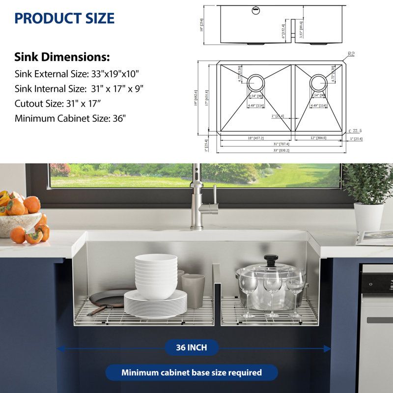 33" L x 19" W Undermount Kitchen Sink Low Divider Double Bowl Stainless Steel Sink with Sink Grids and Basket Strainers, 33"
