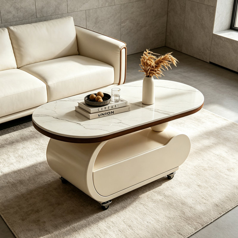 Table basse mobile de luxe en ardoise avec rangement, H 19,68 po x l 39,37 po x P 19,68 po, Blanc / Gris, Crème