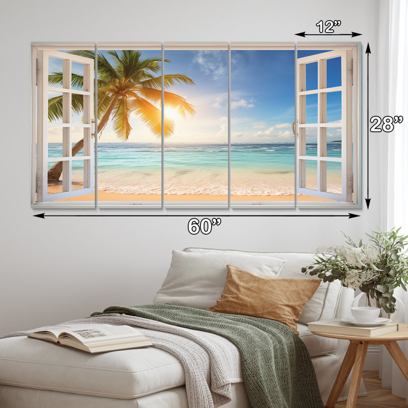 Vue tropicale de l'océan par la fenêtre blanche ouverte II - décoration murale bord de mer - 5 panneaux égaux