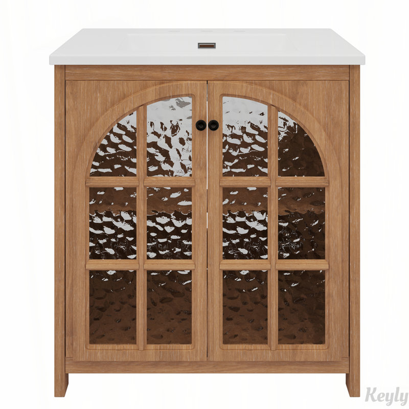 Meuble-lavabo 31 po avec lavabo en céramique et porte en verre trempé 31 po, Naturel antique