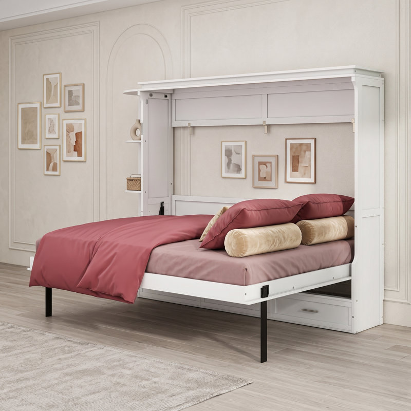 Lit escamotable 3 tiroirs avec tablettes latérales, Blanc, Grand lit
