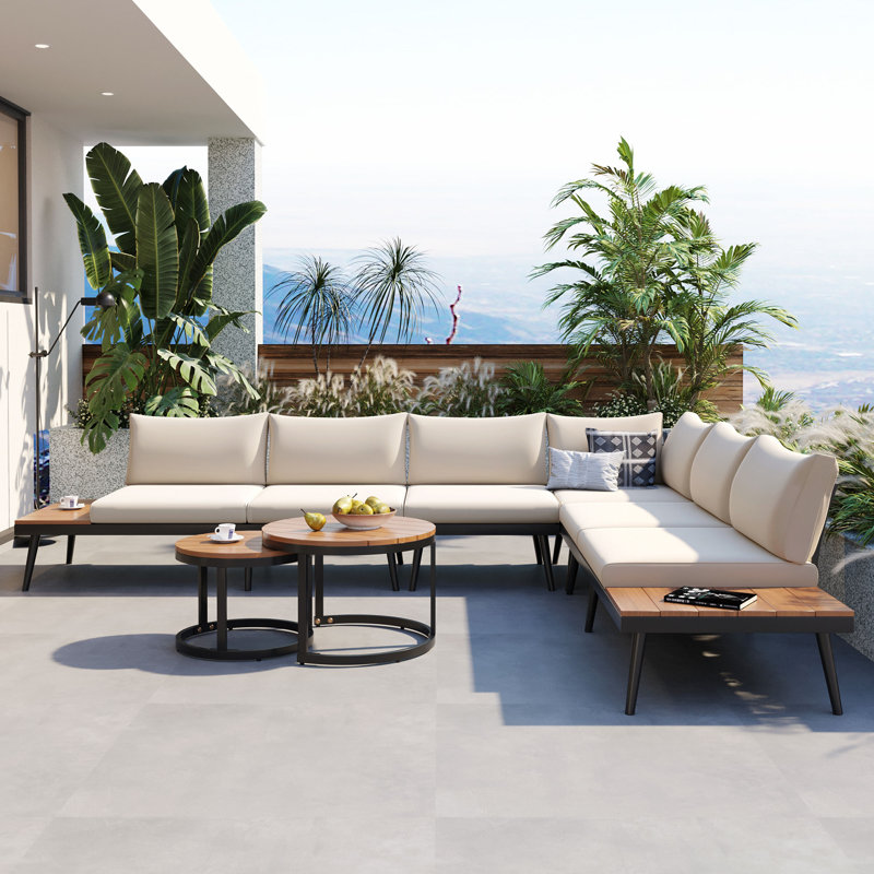 Ensemble de canapé modulaire d'extérieur 6 pièces avec tables basses gigognes rondes et canapé avec coussins de patio, Beige