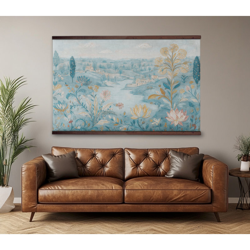 Toile suspendue «Countryside Meadow» - Illustration botanique rétro avec crochets en bois, H 45 po x l 73 po