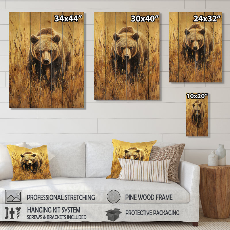 Ours dans les champs dorés - Décoration murale ours en bois - Bois de pin naturel, H 20 po x l 10 po x P 0,78 po
