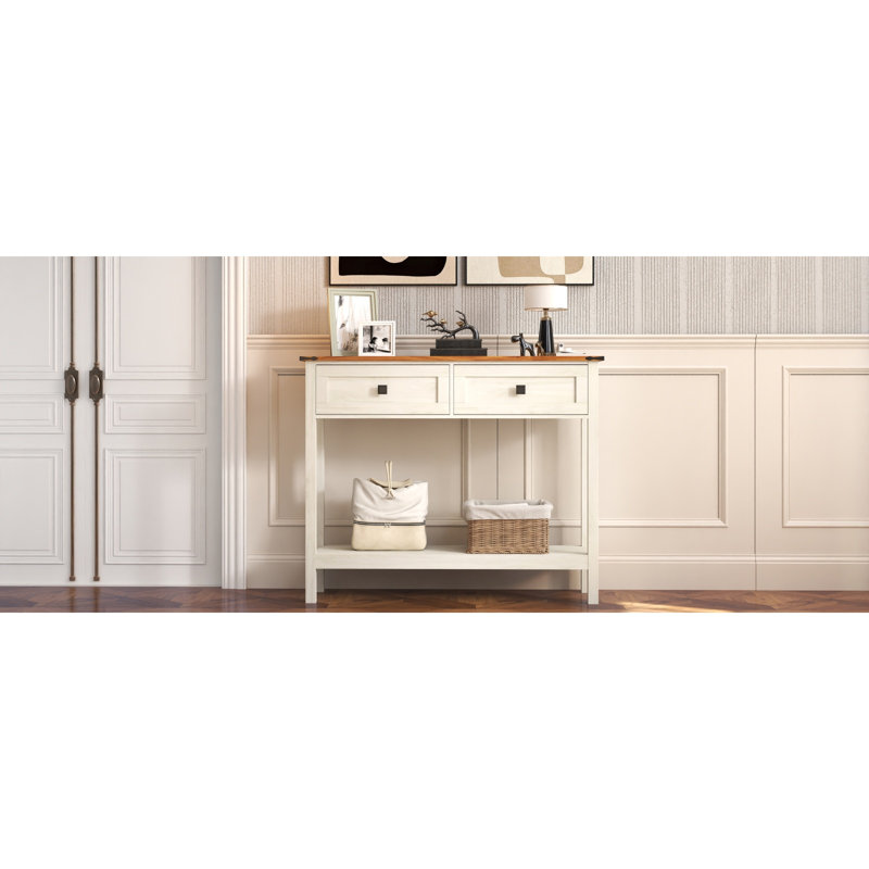 Farmhouse Style Console Table With 2 Drawer And Bottom Storage Shelf For Entryway, Rustic Side Table With Storage Drawer And Shelf For Living Room, Hallway(Antique White)