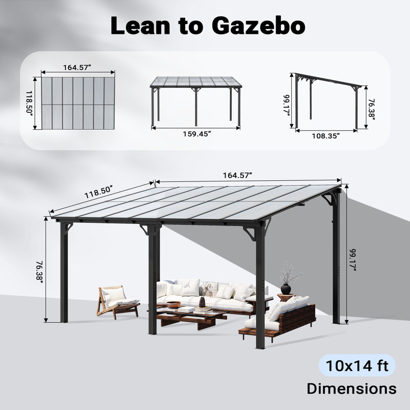 10 ft. W x 14 ft. D Hardtop Sloping Roof Pergola Gazebo, Outdoor Aluminum Frame Pergola for Patio or Backyard, 14x10 FT